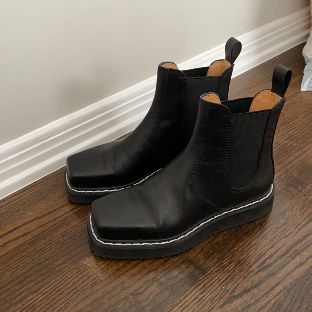 Black square toe Chelsea boots